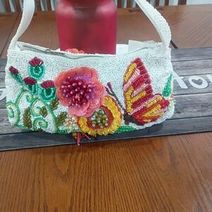 Handcrafted in India Flower  Butterfly Beaded Bag White NWT
